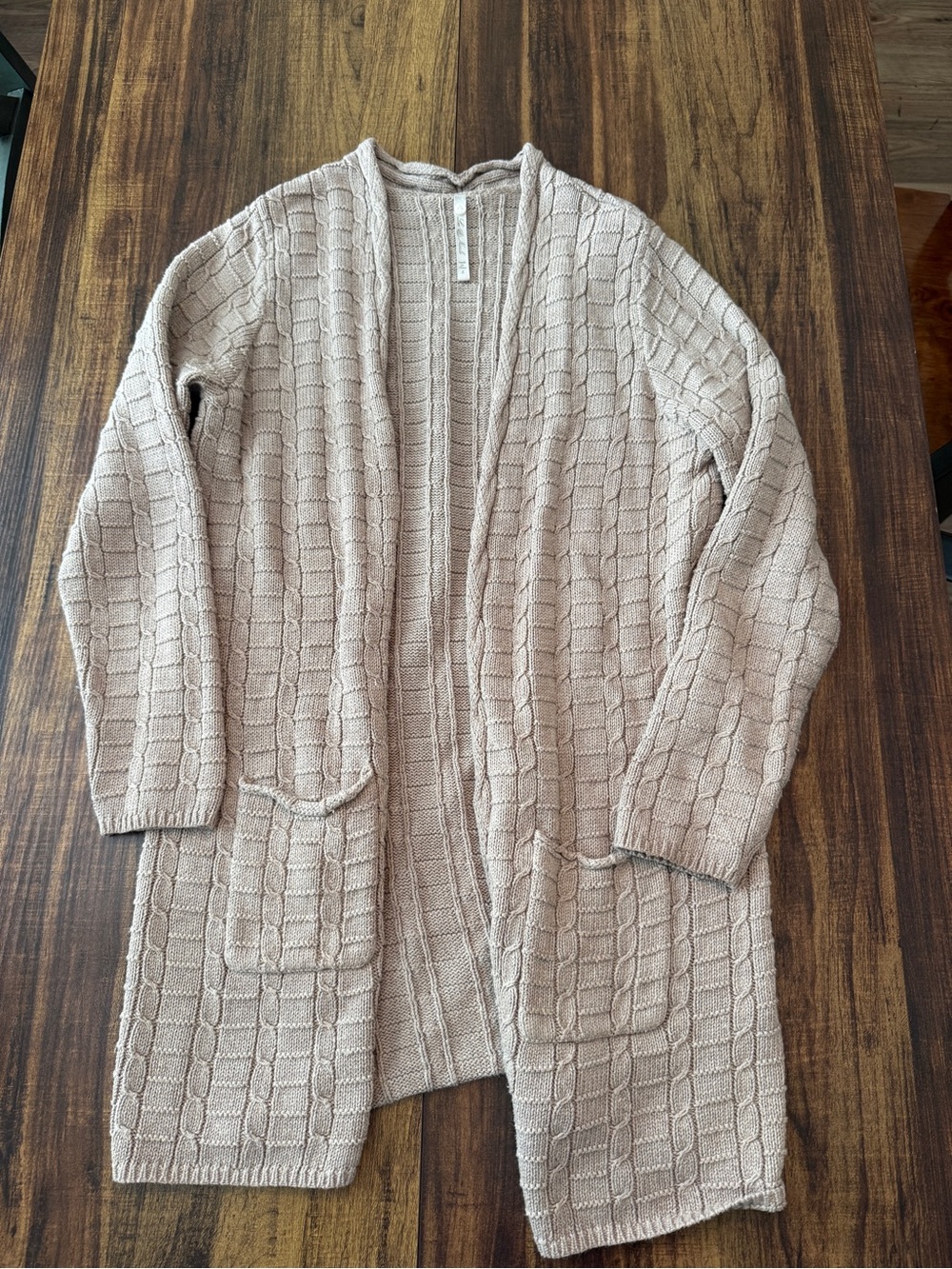 Leo & Nicole Taupe Open-Front Cable Knit Cardigan